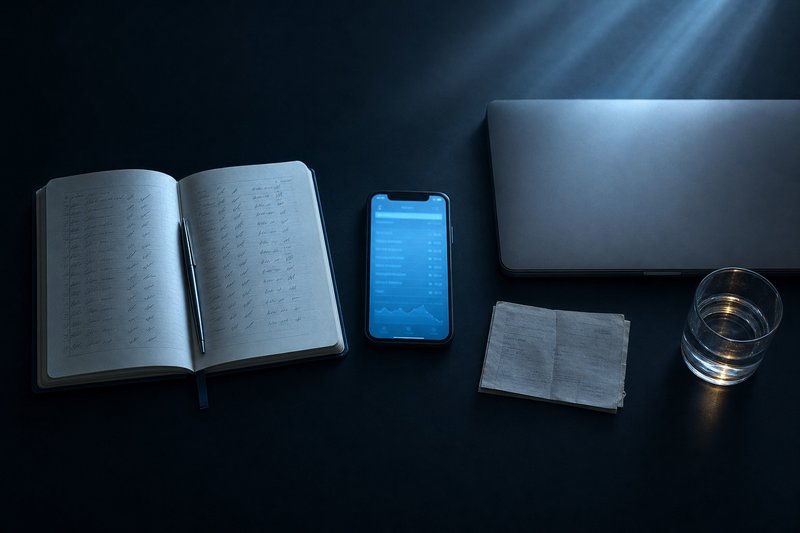 A review desk photographed from above: an open notebook of hand-written tick marks with a pen resting in it, a phone showing a cashier screen, a closed laptop and a folded document.