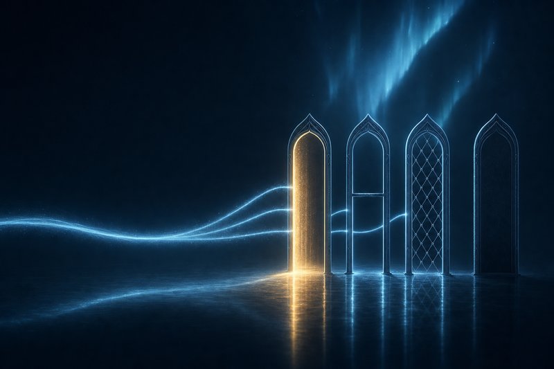 One thread of light splitting towards four identical arches: the first stands open and lit gold, the second is half-barred, the third latticed shut, the fourth sealed and dark