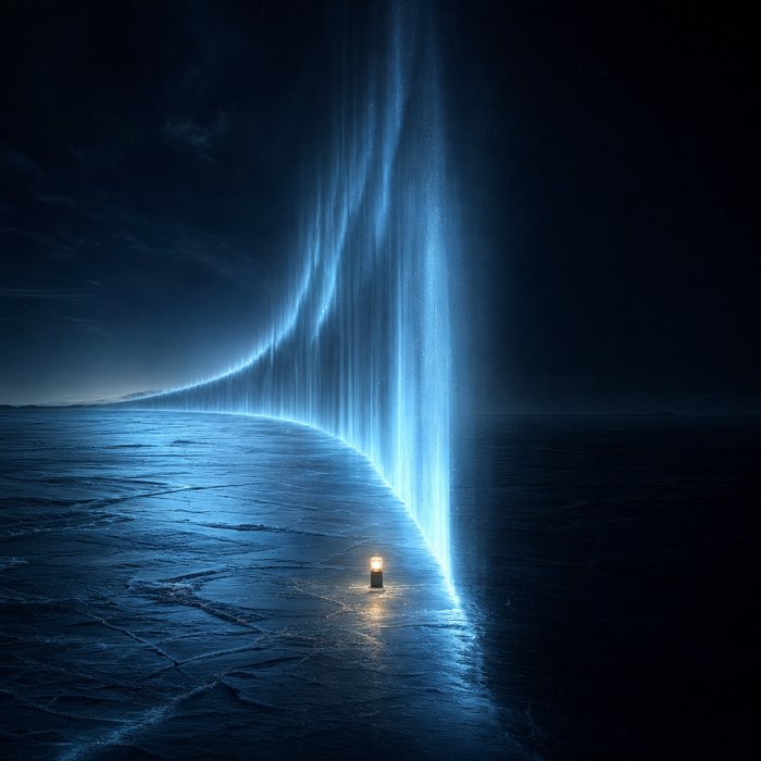 A wall of aurora light running to the horizon across a frozen plain, the ground lit and detailed on the near side and unlit blackness beyond it