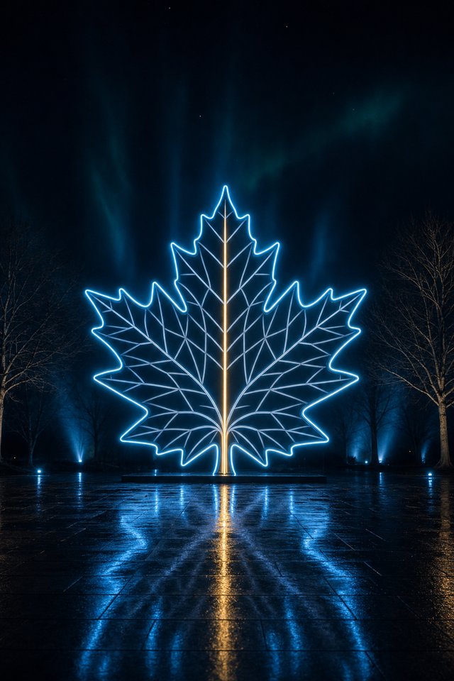 A maple leaf sculpture built from ice-blue neon tubing with a single gold central vein, glowing at night above its reflection on a wet stone plaza