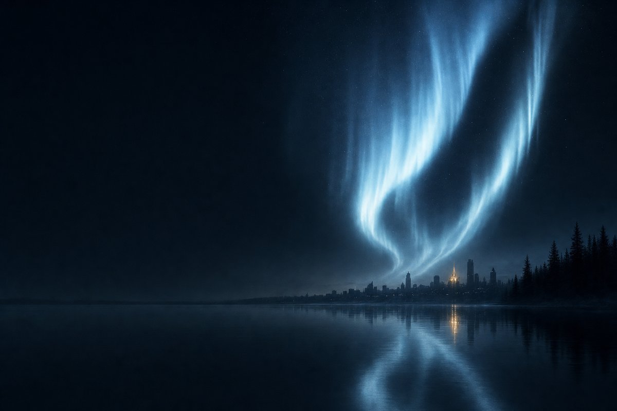 An aurora curtain over a still black northern lake, with a distant city skyline silhouetted on the far shore