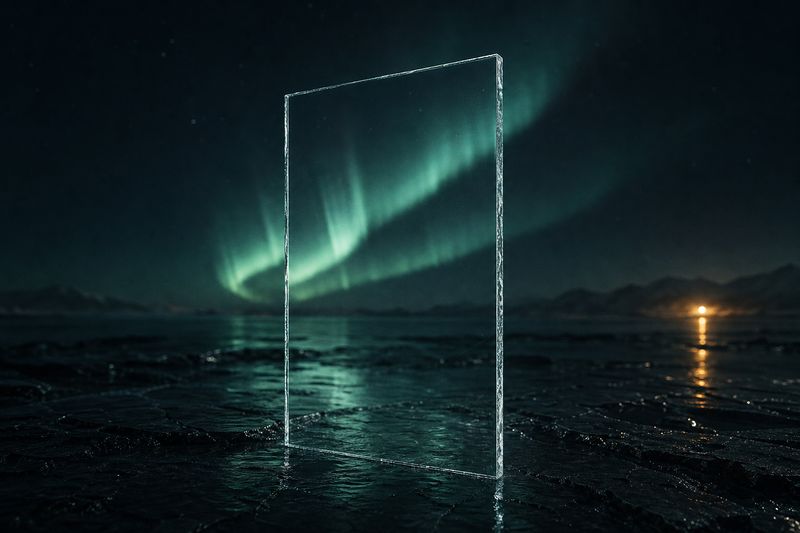 A slim pane of perfectly clear ice standing upright on wet black stone, an aurora passing straight through it and the far shore visible unchanged on the other side