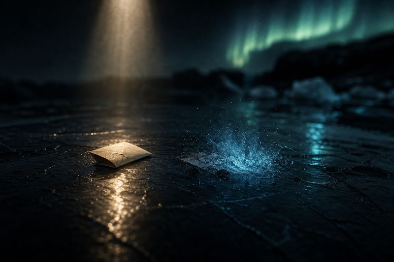 A single folded paper note on wet black stone under a narrow shaft of gold light, and beside it an identical note already half dissolved into pale blue light
