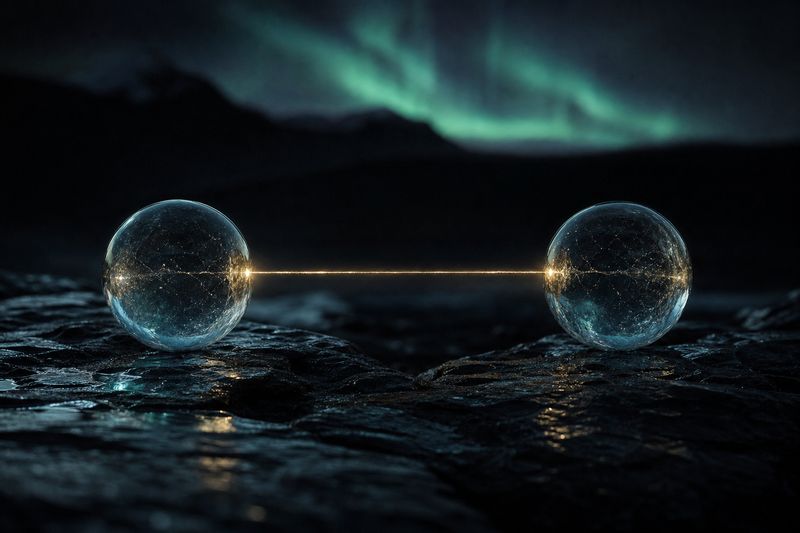 Two sealed clear glass spheres resting apart on black stone with a single fine filament of gold light passing from one into the other across the dark gap