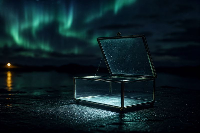 A shallow open glass box standing empty on wet black stone with its lid raised, cold aurora light pouring in and casting one clean bright rectangle on the stone beneath