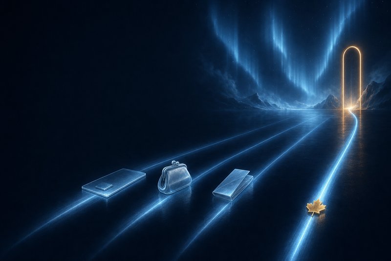 Four lanes of light on a dark floor: one carries a plain chip card, one a small purse, one a folded transfer slip, and the fourth carries only a maple leaf on an unbroken thread of light that runs through a gold arch