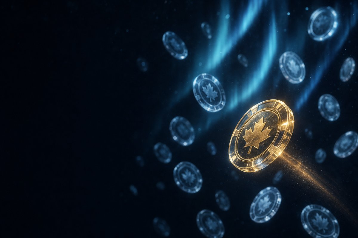 Dozens of translucent ice-blue casino chips suspended at different depths in darkness, with one gold maple-leaf chip sharp in the foreground trailing a comet of light