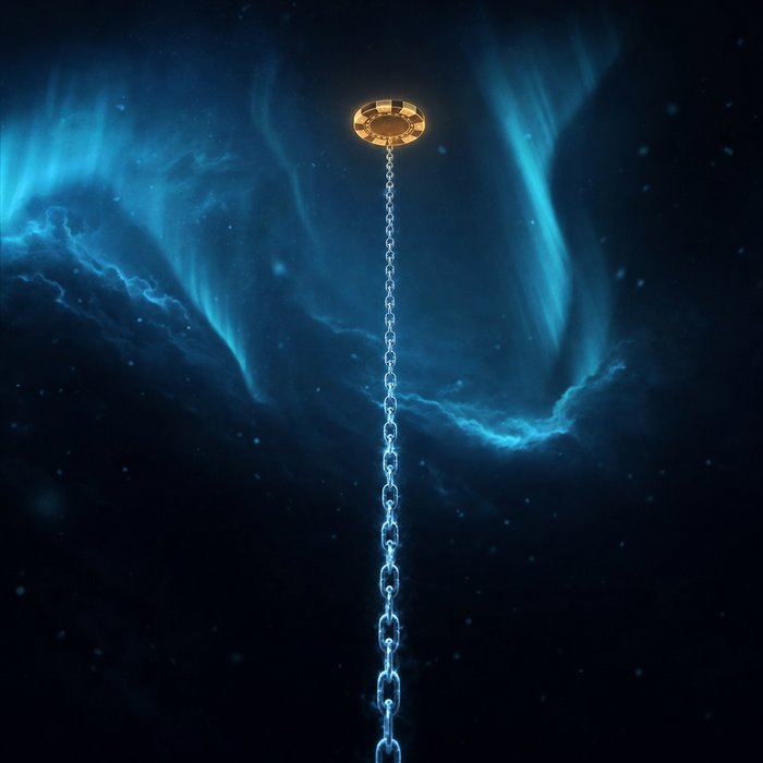 A small gold casino chip floating in darkness with a very long chain of ice-blue light hanging from it into the black below