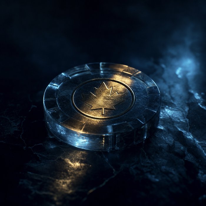 A heavy glass casino chip on dark stone with an official seal struck into its face, a shaft of gold light falling across the seal alone