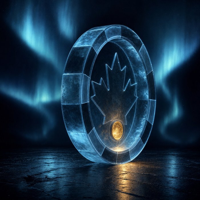 A huge translucent casino chip with a maple-leaf relief, cut open to show that it is hollow, with one small dense core of gold light glowing deep inside it